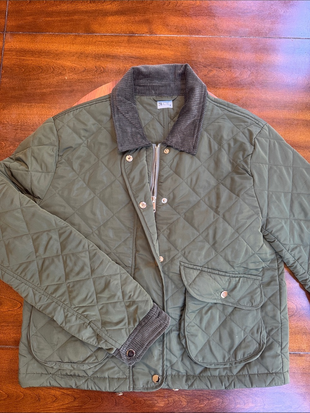 Quilted Olive Green Bomber Jacket with Corduroy Collar - Women's